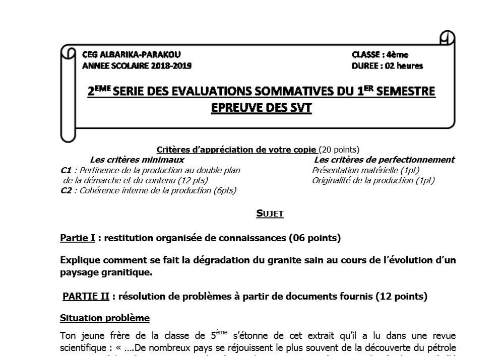 Aperçu de la première page — 4e SVT Devoir 2 Semestre 1 CEG Albarika 2018 2019