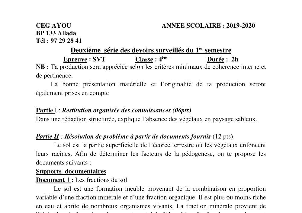 Aperçu de la première page — 4e SVT Devoir 2 Semestre 1 CEG Ayou 2019 2020