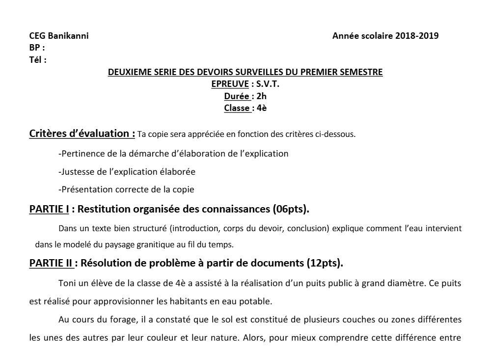 Aperçu de la première page — 4e SVT Devoir 2 Semestre 1 CEG Banikanni 2018 2019