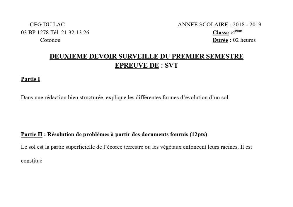 Aperçu de la première page — 4e SVT Devoir 2 Semestre 1 CEG du Lac 2018 2019