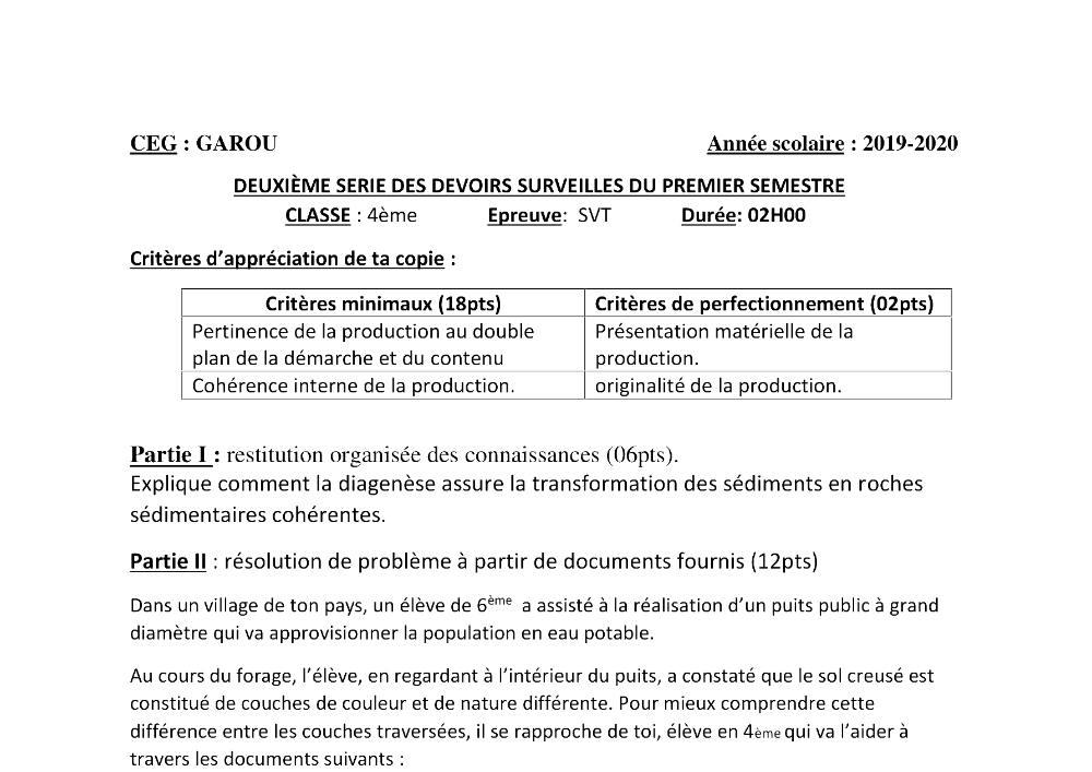 Aperçu de la première page — 4e SVT Devoir 2 Semestre 1 CEG Garou 2019 2020