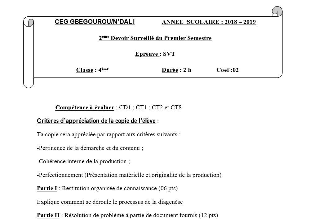 Aperçu de la première page — 4e SVT Devoir 2 Semestre 1 CEG Gbegourou 2018 2019