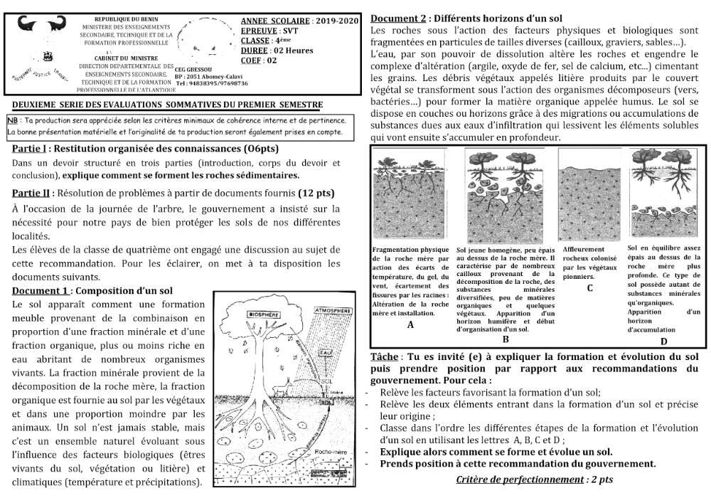 Aperçu de la première page — 4e SVT Devoir 2 Semestre 1 CEG Gbessou 2019 2020