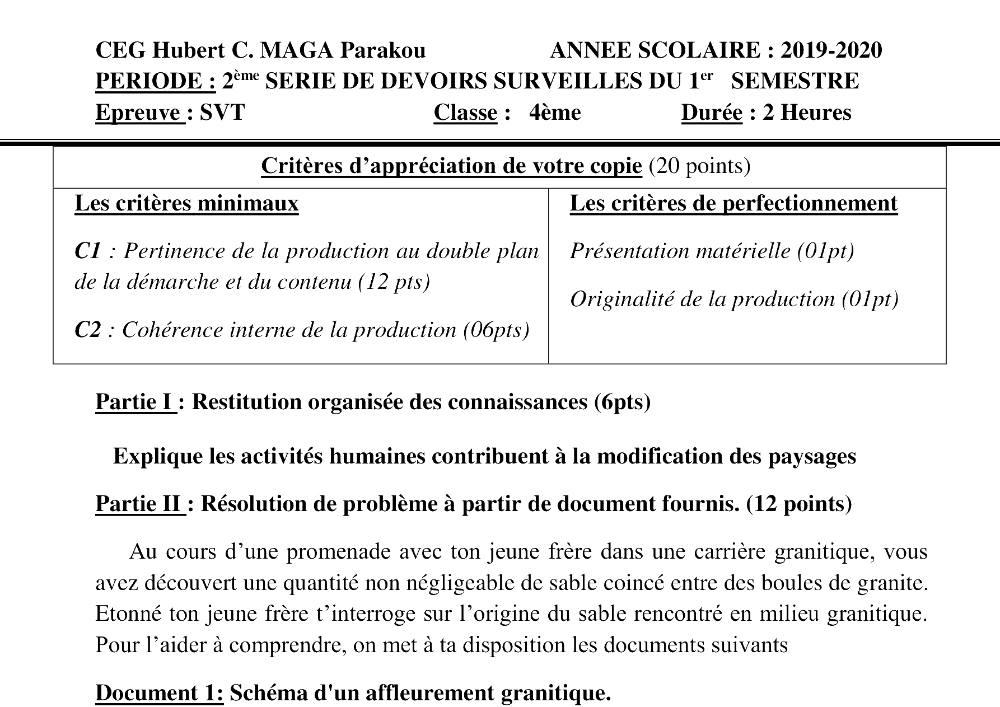 Aperçu de la première page — 4e SVT Devoir 2 Semestre 1 CEG Hubert C Maga 2019 2020