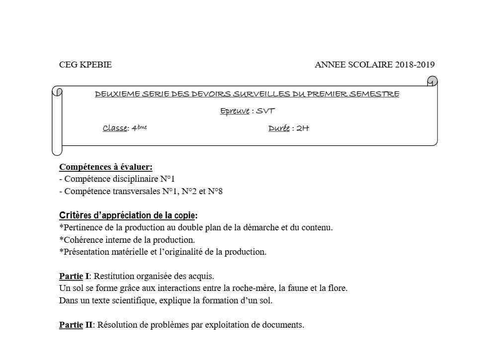 Aperçu de la première page — 4e SVT Devoir 2 Semestre 1 CEG Kpebie 2018 2019
