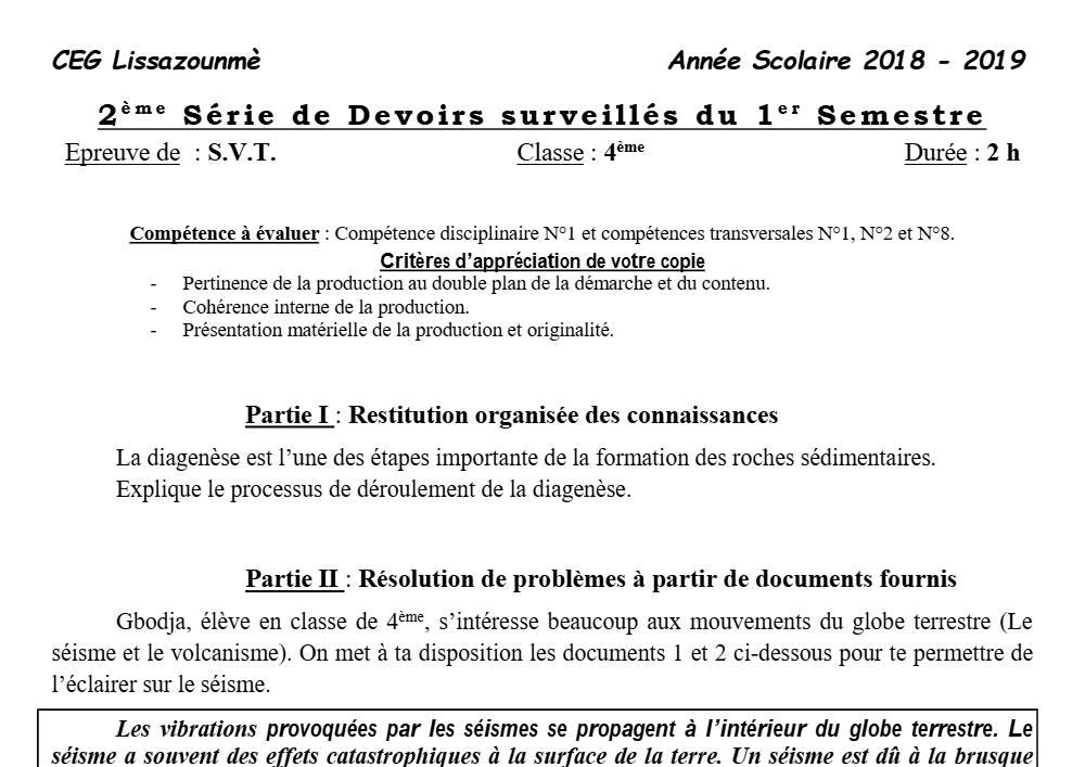 Aperçu de la première page — 4e SVT Devoir 2 Semestre 1 CEG Lissazounme 2018 2019