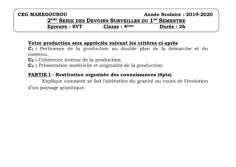 Aperçu de la première page — 4e SVT Devoir 2 Semestre 1 CEG Meregourou 2019 2020