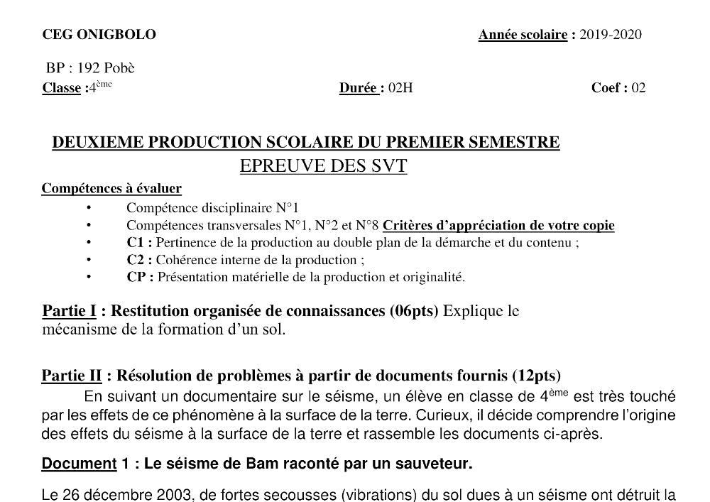 Aperçu de la première page — 4e SVT Devoir 2 Semestre 1 CEG Onigbolo 2019 2020