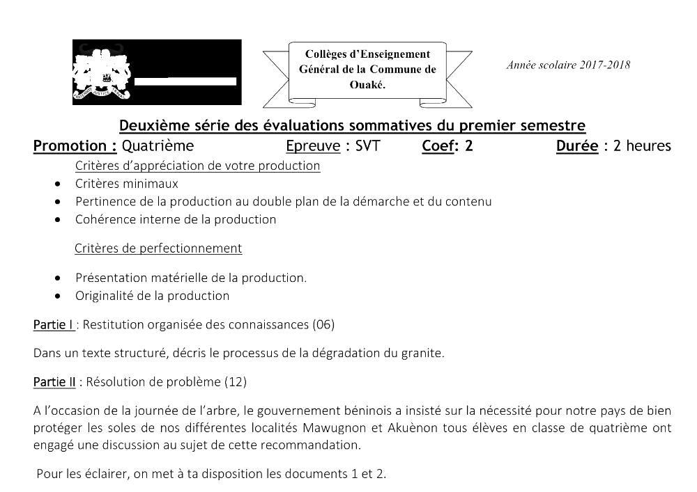 Aperçu de la première page — 4e SVT Devoir 2 Semestre 1 CEG Ouake 2017 2018