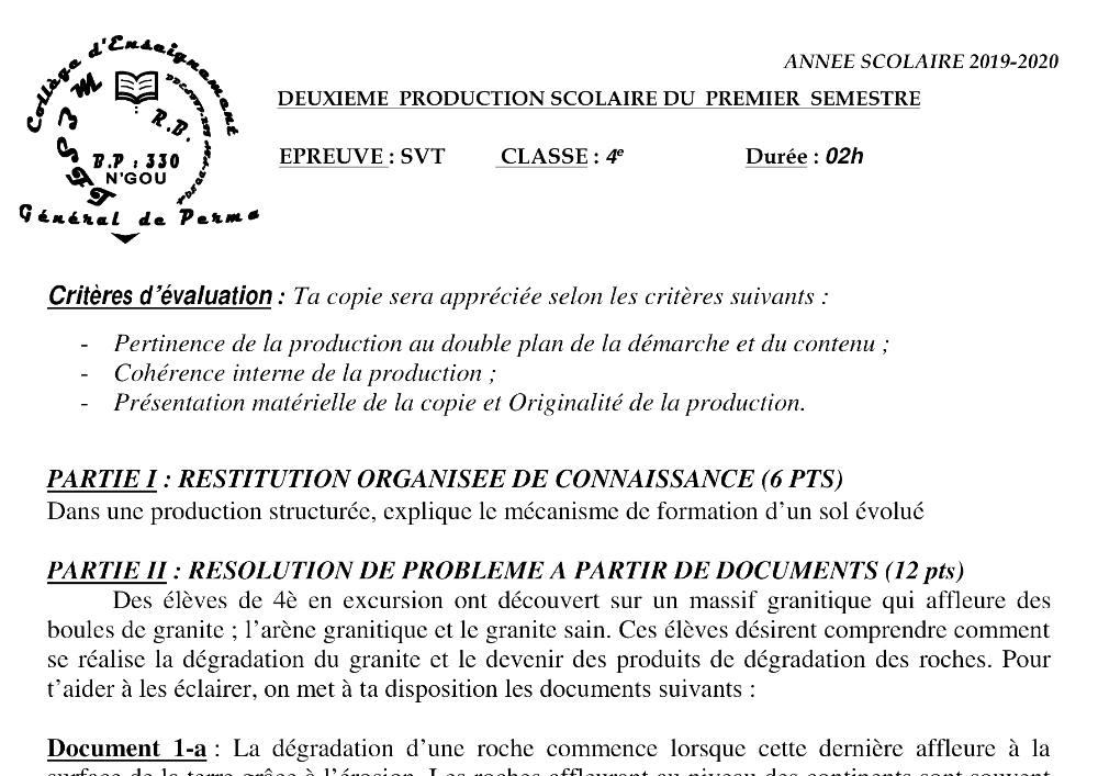 Aperçu de la première page — 4e SVT Devoir 2 Semestre 1 CEG Perma 2019 2020