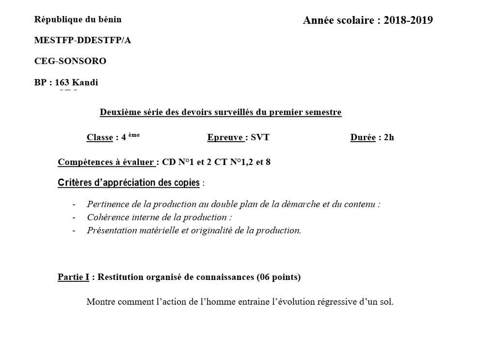 Aperçu de la première page — 4e SVT Devoir 2 Semestre 1 CEG Sonsoro 2018 2019
