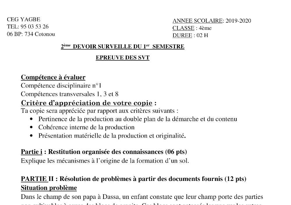 Aperçu de la première page — 4e SVT Devoir 2 Semestre 1 CEG Yagbe 2019 2020