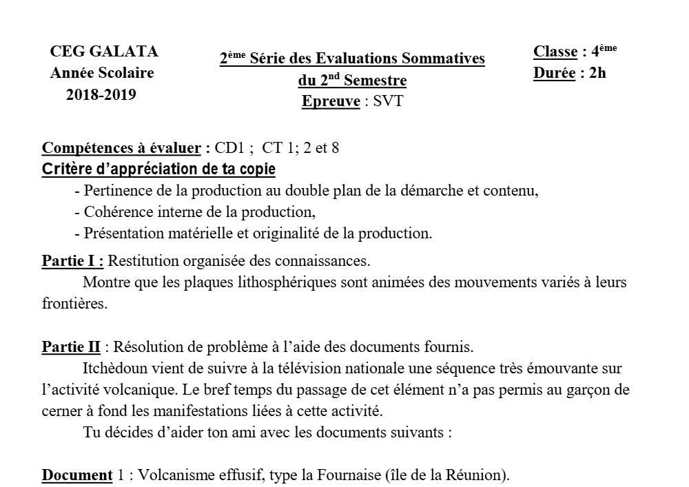 Aperçu de la première page — 4e SVT Devoir 2 Semestre 2 4ème CEG Galata 2018 2019