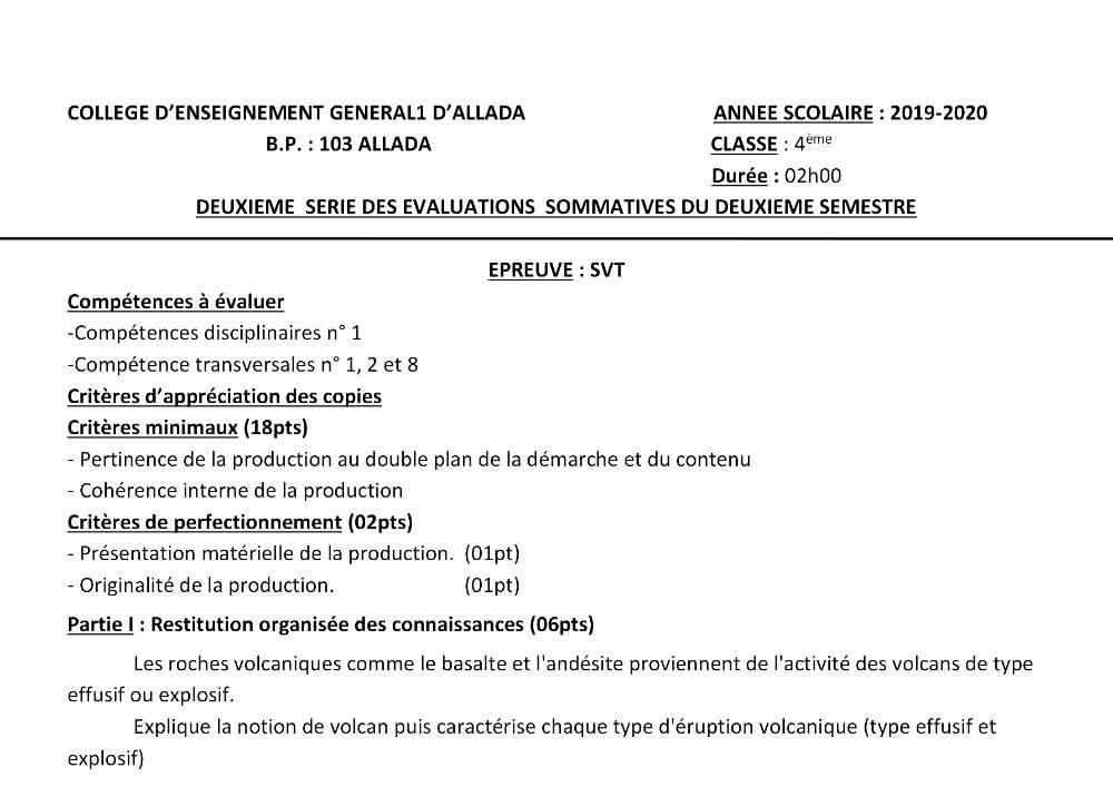 Aperçu de la première page — 4e SVT Devoir 2 Semestre 2 CEG1 Allada 2019 2020