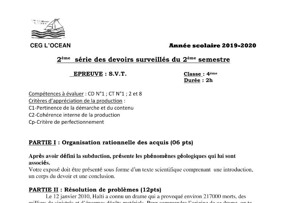 Aperçu de la première page — 4e SVT Devoir 2 Semestre 2 CEG1 L'Ocean 2019 2020