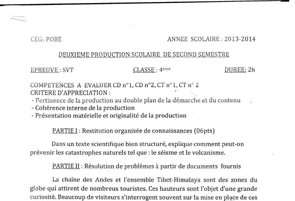 Aperçu de la première page — 4e SVT Devoir 2 Semestre 2 CEG1 Pobè 2013 2014