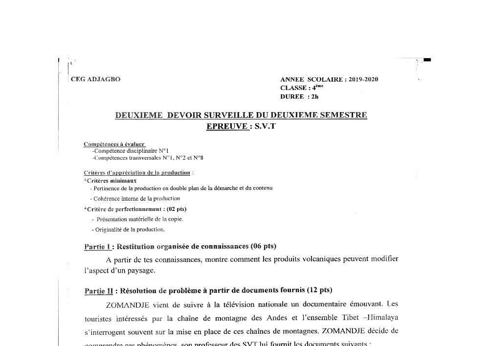 Aperçu de la première page — 4e SVT Devoir 2 Semestre 2 CEG Adjagbo 2019 2020
