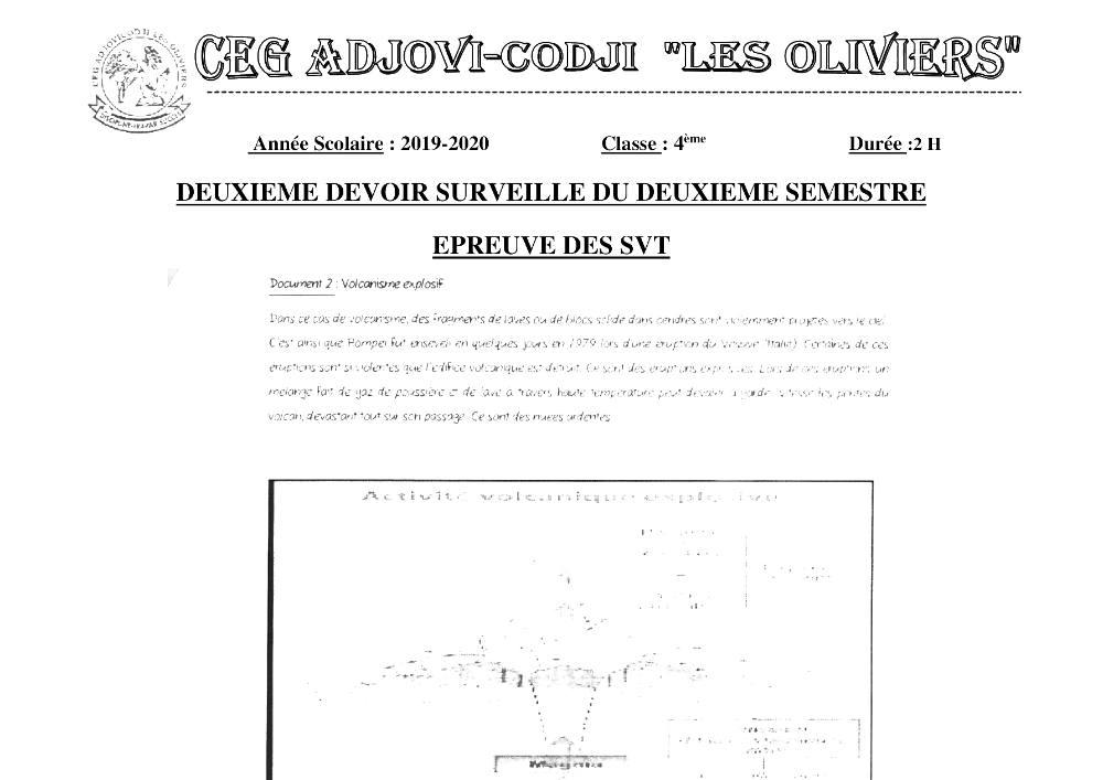Aperçu de la première page — 4e SVT Devoir 2 Semestre 2 CEG Adjovi Codji 2019 2020