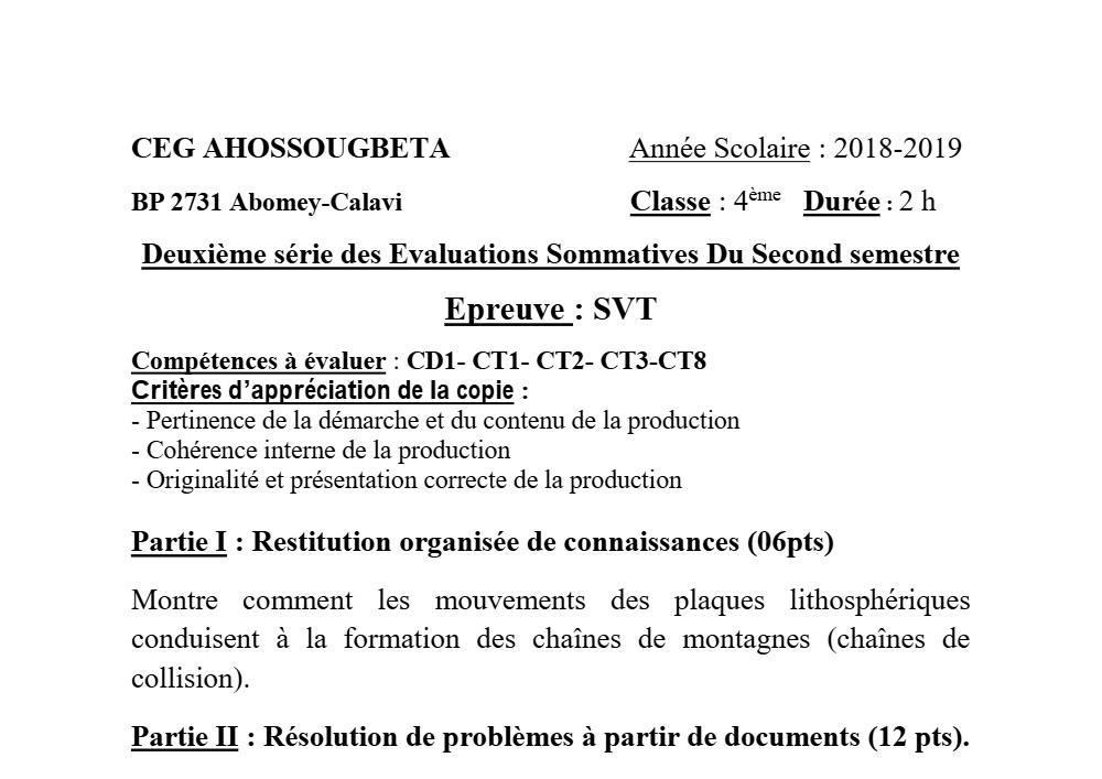 Aperçu de la première page — 4e SVT Devoir 2 Semestre 2 CEG Ahossougbéta 2018 2019
