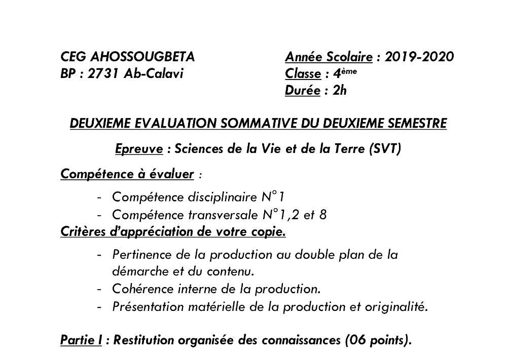 Aperçu de la première page — 4e SVT Devoir 2 Semestre 2 CEG Ahossougbéta 2019 2020
