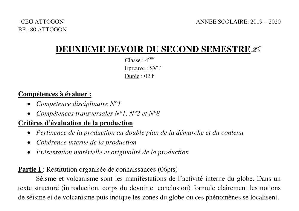 Aperçu de la première page — 4e SVT Devoir 2 Semestre 2 CEG Attogon 2019 2020