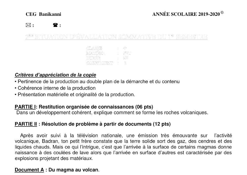 Aperçu de la première page — 4e SVT Devoir 2 Semestre 2 CEG Banikanni 2019 2020