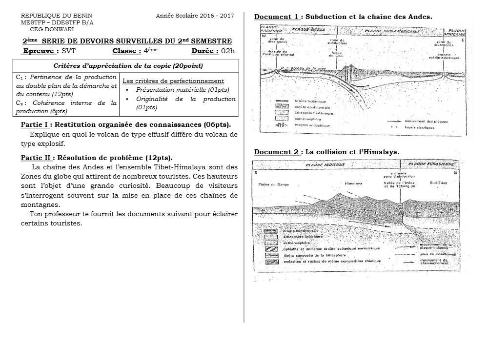 Aperçu de la première page — 4e SVT Devoir 2 Semestre 2 CEG Donwari 2018 2019