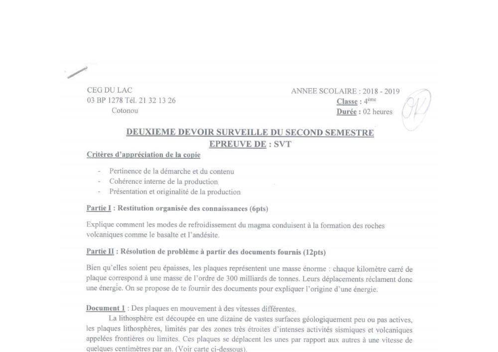 Aperçu de la première page — 4e SVT Devoir 2 Semestre 2 CEG du Lac 2018 2019