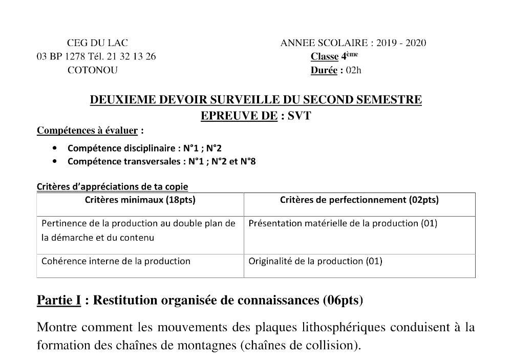 Aperçu de la première page — 4e SVT Devoir 2 Semestre 2 CEG du Lac 2019 2020