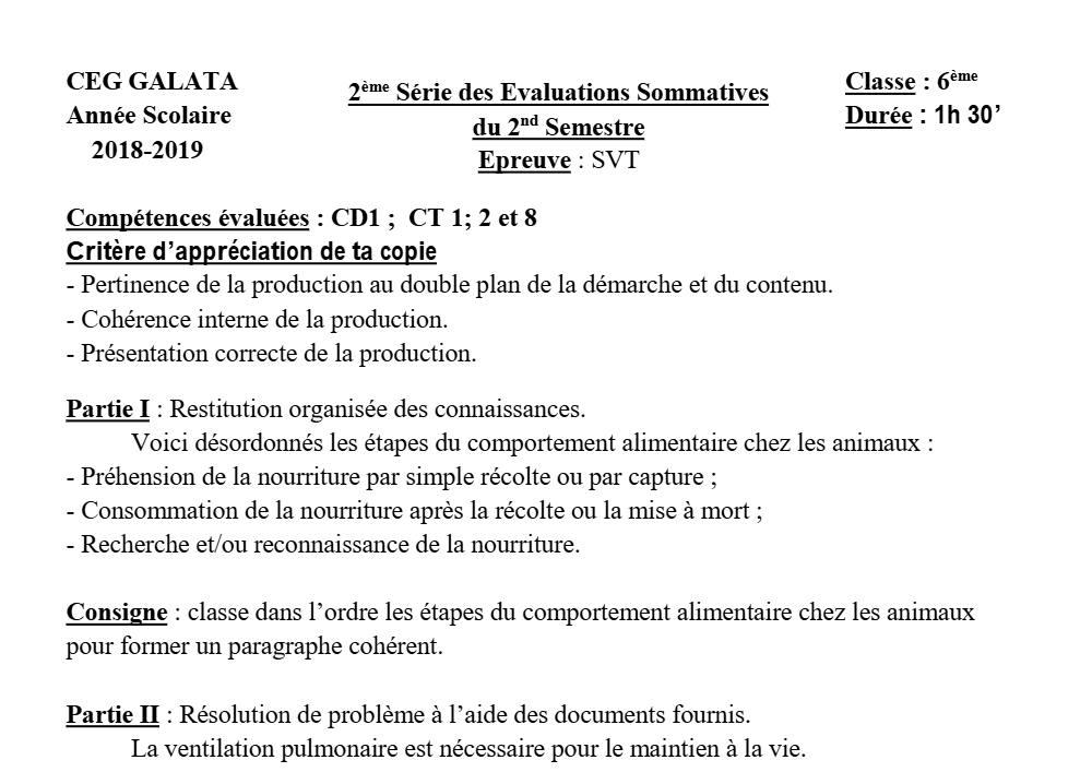 Aperçu de la première page — 4e SVT Devoir 2 Semestre 2 CEG Galata 2018 2019