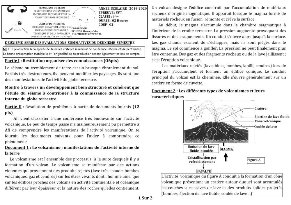 Aperçu de la première page — 4e SVT Devoir 2 Semestre 2 CEG Gbessou 2019 2020