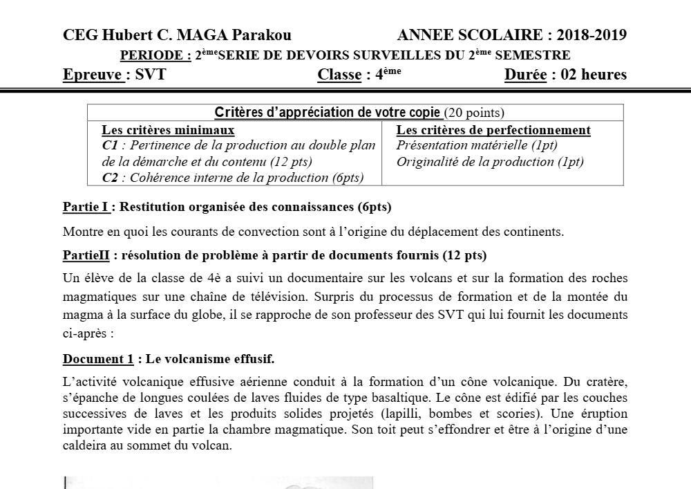 Aperçu de la première page — 4e SVT Devoir 2 Semestre 2 CEG Hubert C Maga 2018 2019
