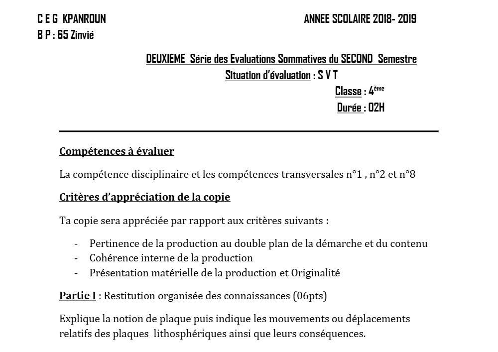 Aperçu de la première page — 4e SVT Devoir 2 Semestre 2 CEG Kpanroun 2018 2019