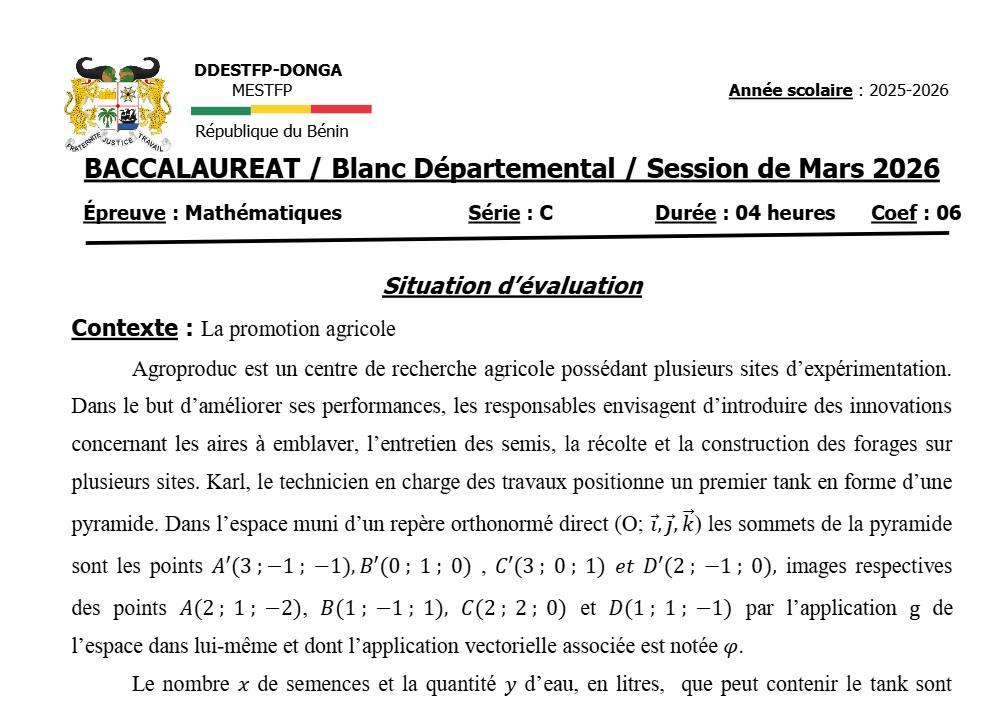 Aperçu de la première page — BAC BLANC C DONGA 2026 MATHÉMATIQUE
