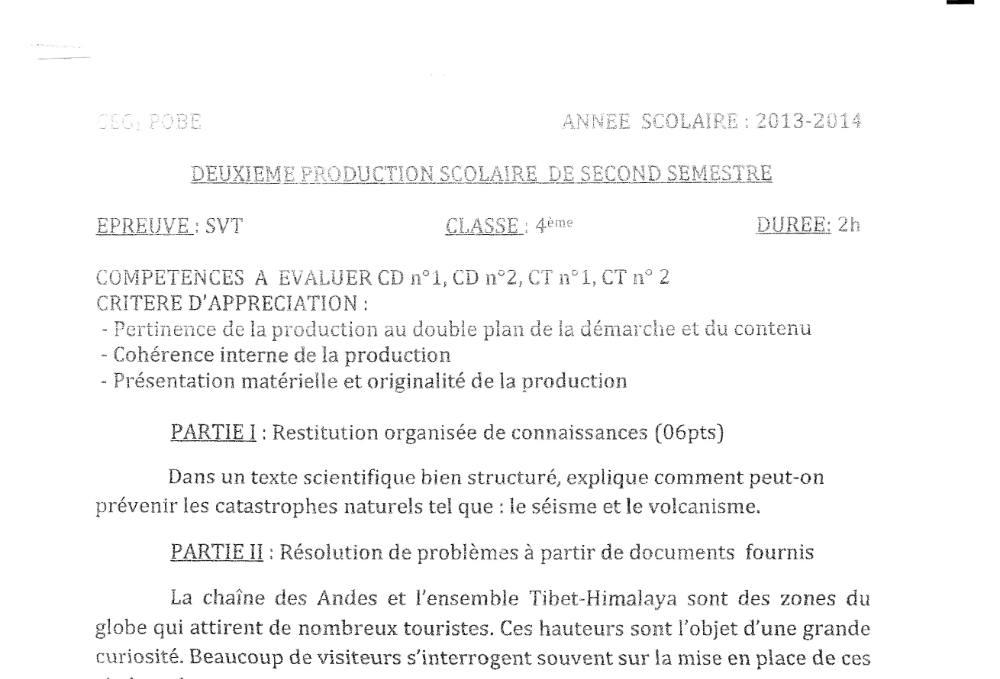 Aperçu de la première page — 4e SVT Devoir 2 Semestre 2 CEG Pobè 2013 2014