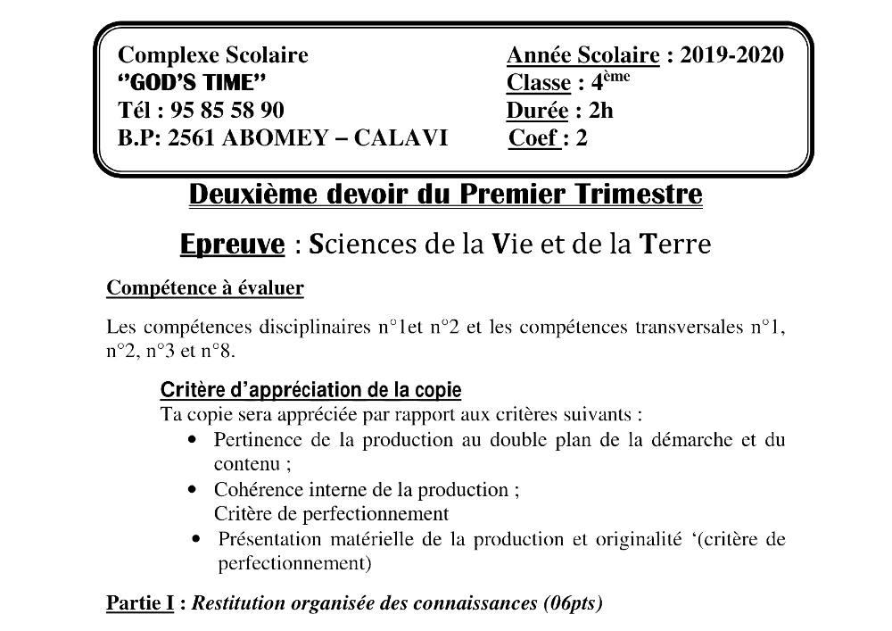 Aperçu de la première page — 4e SVT Devoir 2 Trimestre 1 CS God'S Time 2019 2020 (2)