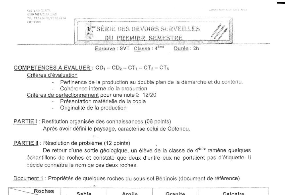 Aperçu de la première page — 4e SVT Devoir Semestre 1 CEG Ste Rita 2012 2013