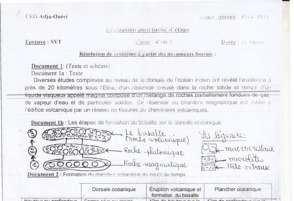 Aperçu de la première page — 4e SVT Evaluation CEG Adja Ouere Ponctuelle 2012 2013