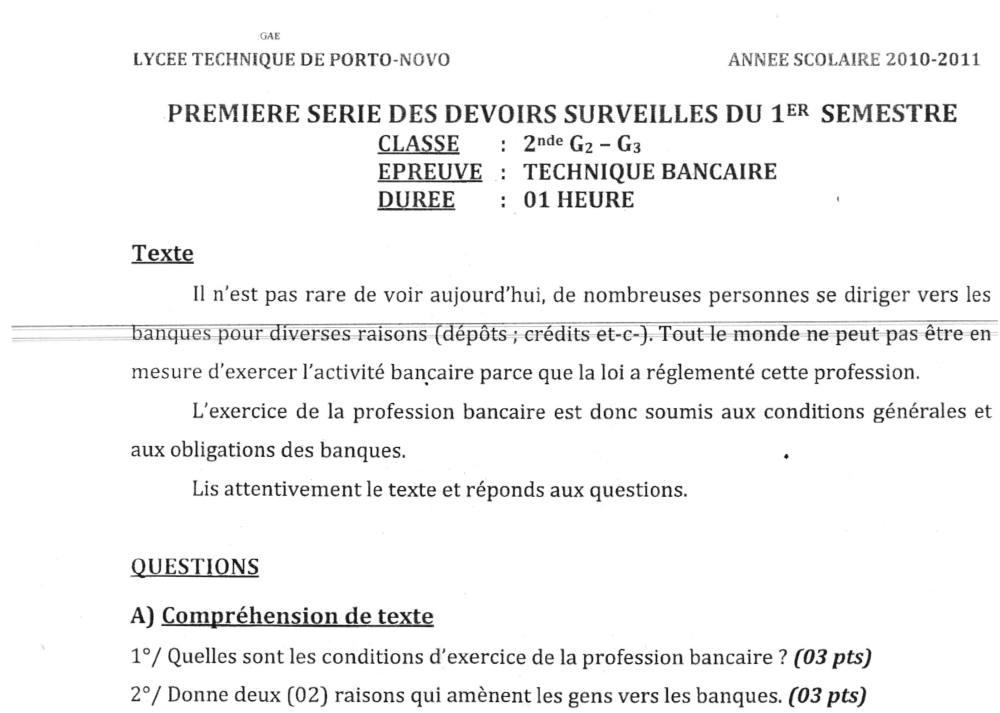 Aperçu de la première page — 2nde G2 G3 Technique Bancaire Devoir 1 Semestre 1 Lycée Technique de Porto Novo 2010 2011 (2)