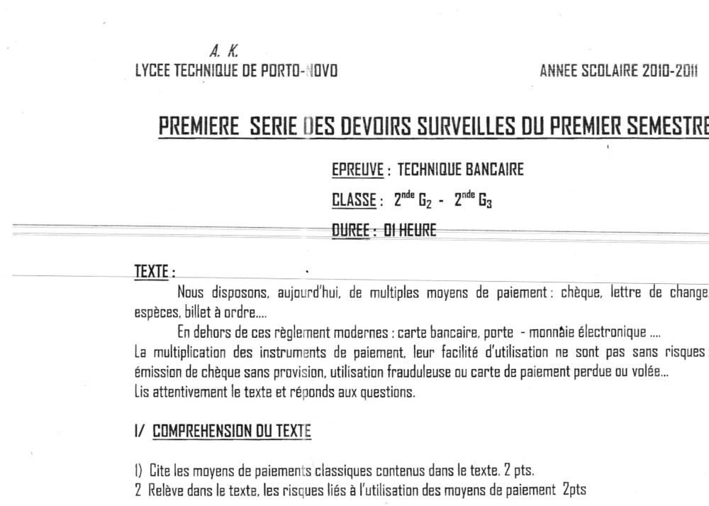 Aperçu de la première page — 2nde G2 G3 Technique Bancaire Devoir 1 Semestre 1 Lycée Technique de Porto Novo 2010 2011