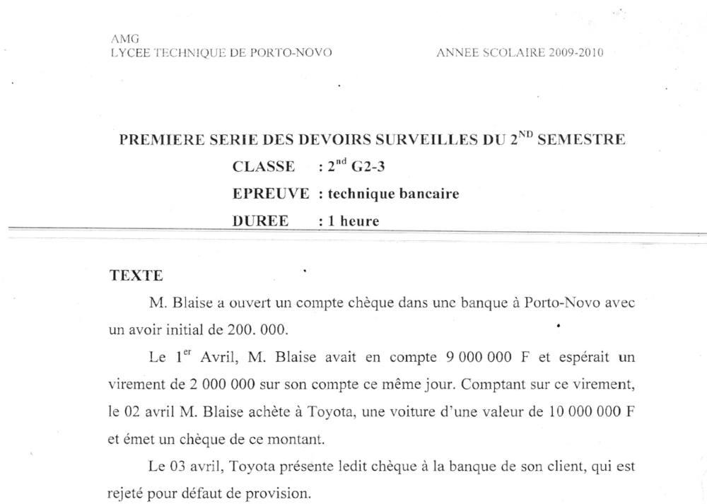 Aperçu de la première page — 2nde G2 G3 Technique Bancaire Devoir 1 Semestre 2 Lycée Technique de Porto Novo 2009 2010
