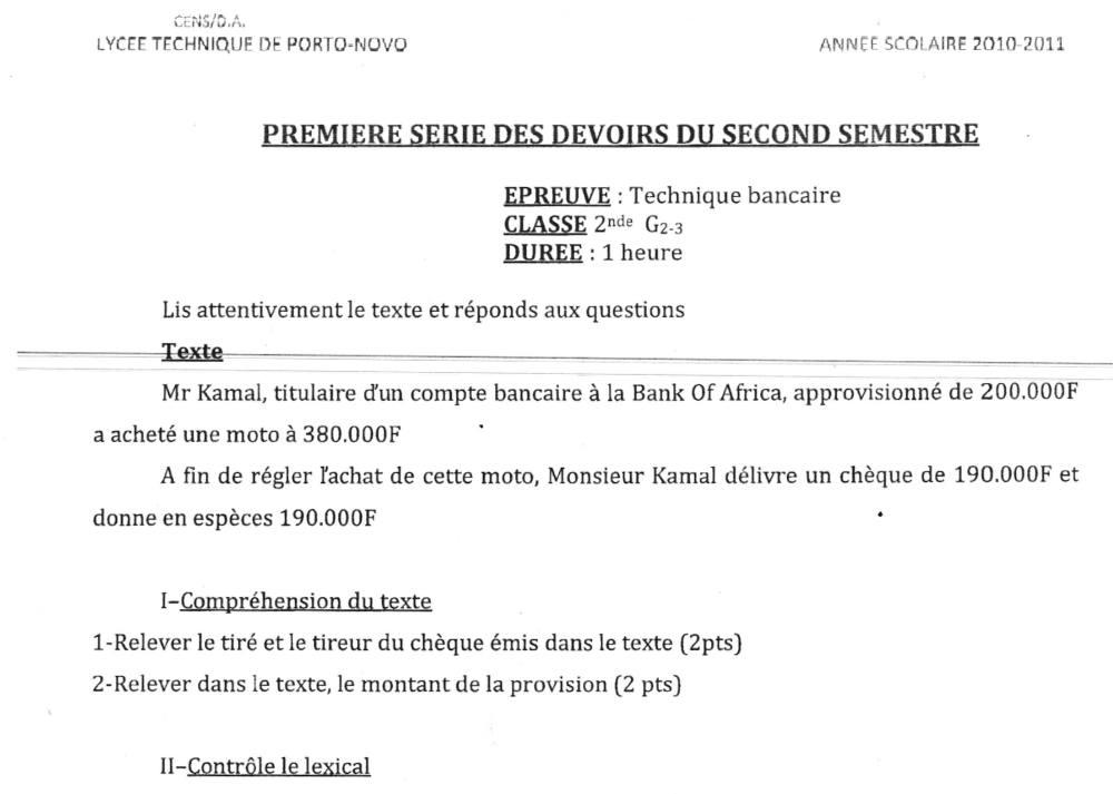 Aperçu de la première page — 2nde G2 G3 Technique Bancaire Devoir 1 Semestre 2 Lycée Technique de Porto Novo 2010 2011