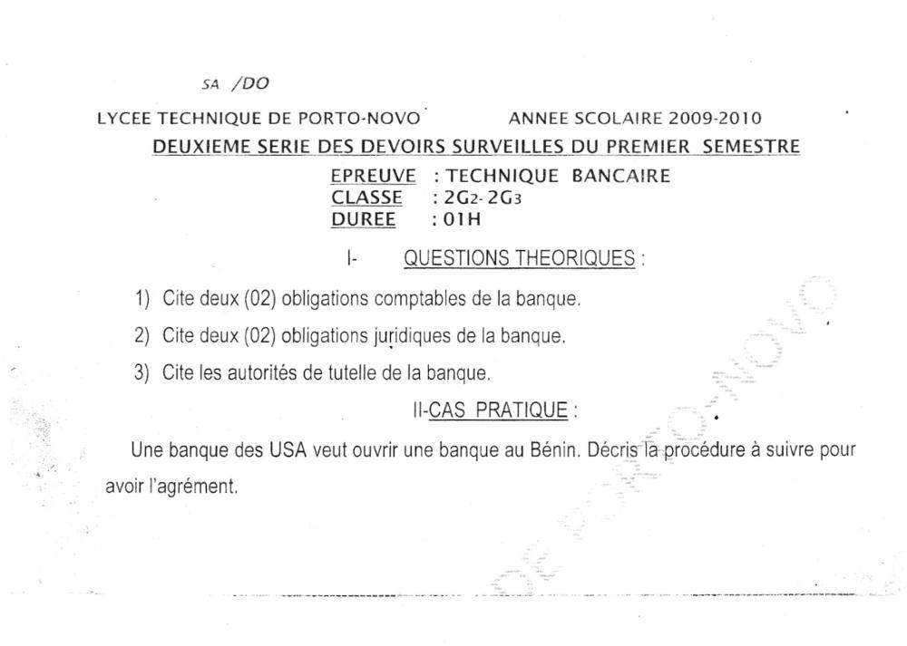 Aperçu de la première page — 2nde G2 G3 Technique Bancaire Devoir 2 Semestre 2 Lycée Technique de Porto Novo 2009 2010 (2)