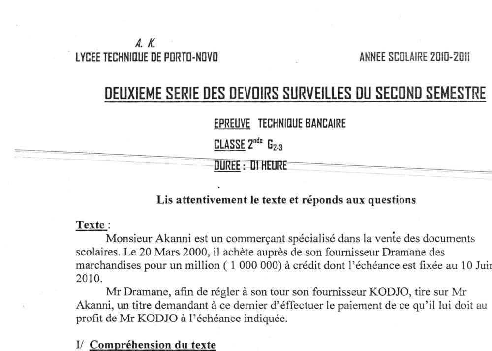 Aperçu de la première page — 2nde G2 G3 Technique Bancaire Devoir 2 Semestre 2 Lycée Technique de Porto Novo 2010 2011