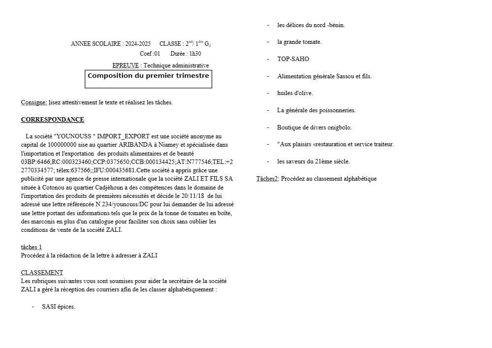 Aperçu de la première page —  2nde G2 - Technique Administrative - Composition Trimestre 1 - 2024-2025
