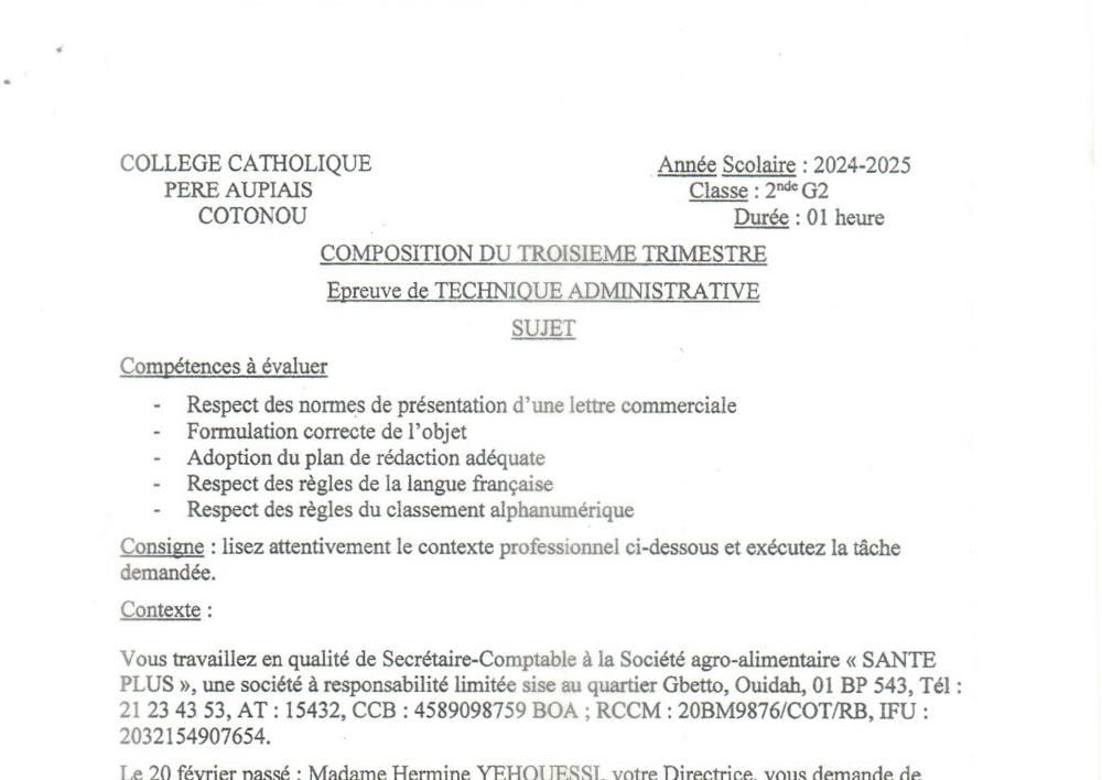 Aperçu de la première page — 2nde G2 Technique Administrative Devoir Trimestre 3 Collège Père Aupiais Mars 2025