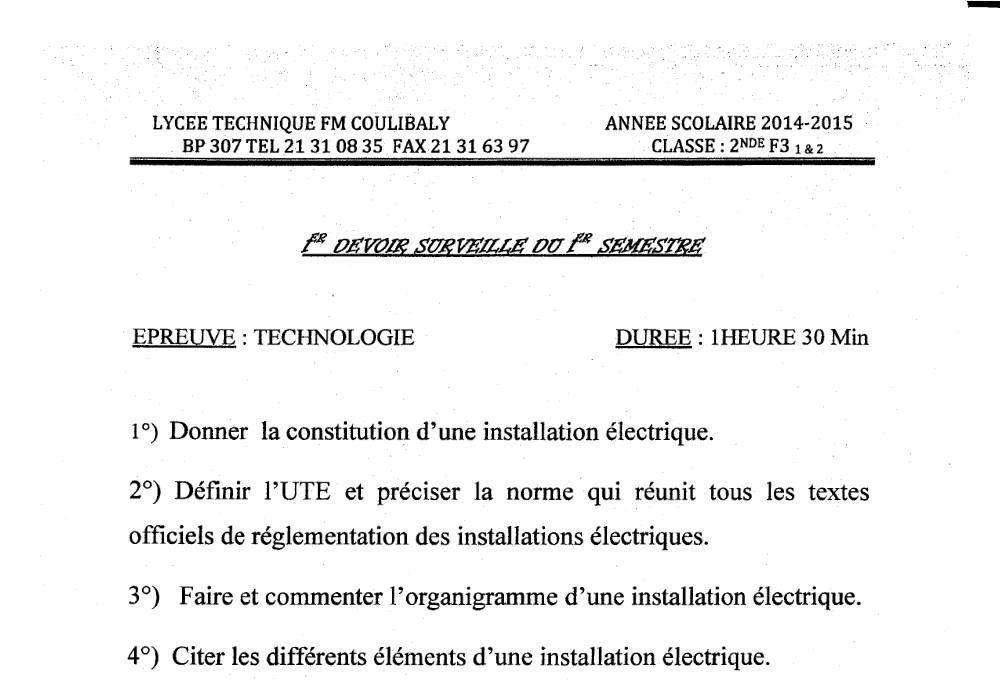 Aperçu de la première page — 2nde F3 Technologie Devoir 1 Semestre 1 Lycée Technique Coulibaly 2014 2015