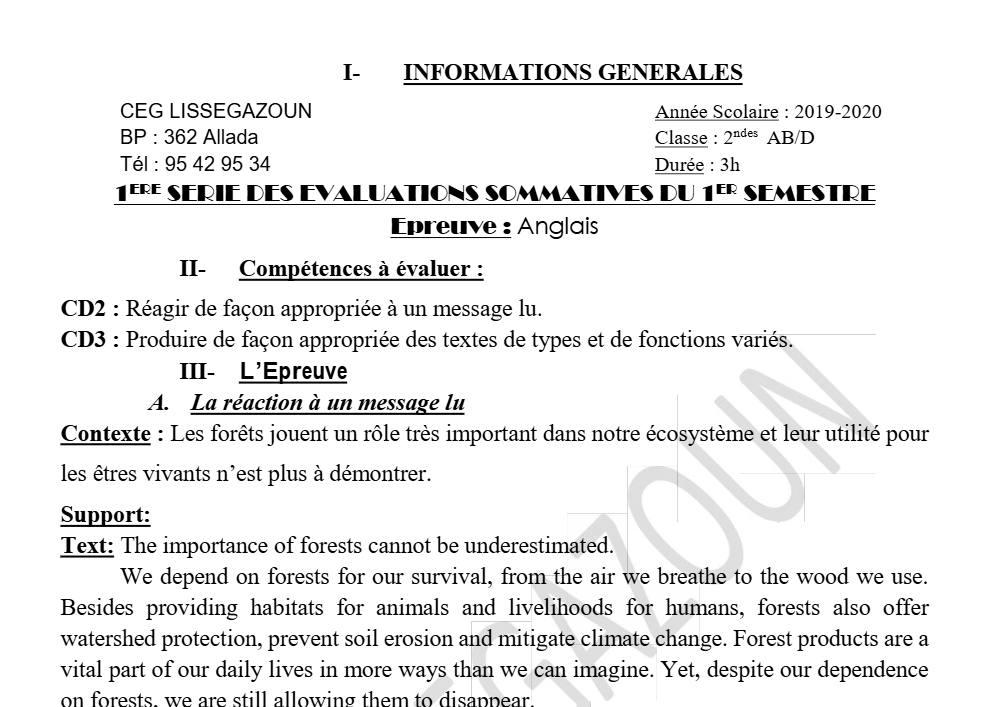 Aperçu de la première page — 2nde Anglais Devoir 1 Semestre 1 Abd CEG Lissegbazoun 2019 2020