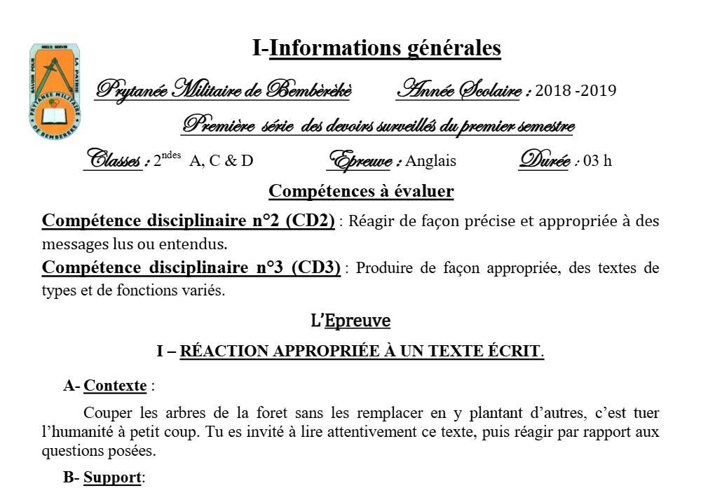 Aperçu de la première page — 2nde Anglais Devoir 1 Semestre 1 Acd Prytanee Militaire de Bembereke 2017 2018