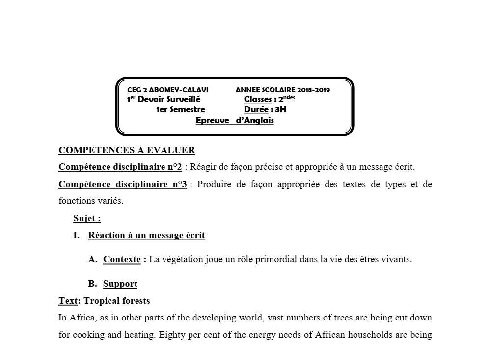 Aperçu de la première page — 2nde Anglais Devoir 1 Semestre 1 CEG2 Abomey Calavi 2018 2019
